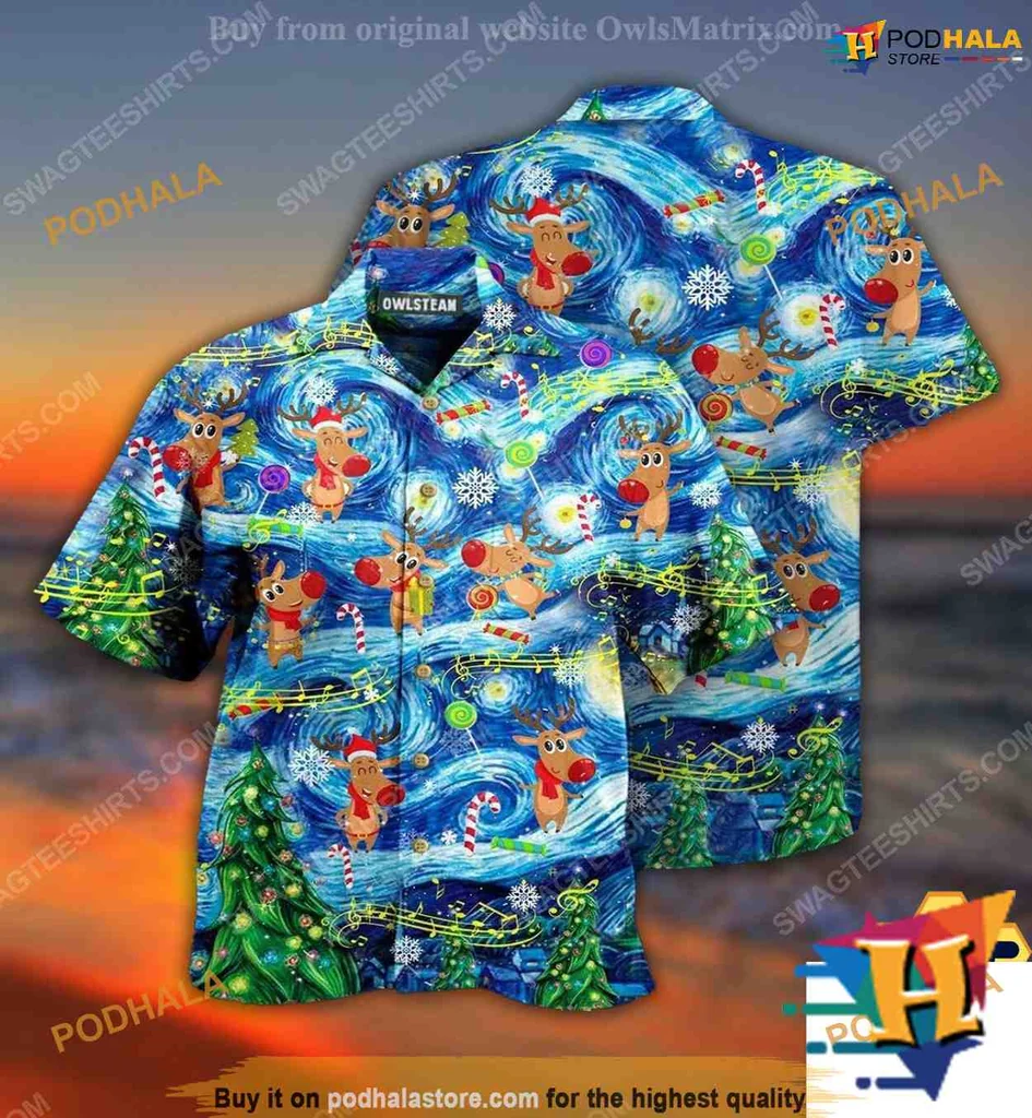 Starry Night Reindeer Aloha Shirt With Christmas Trees And Santa Hats