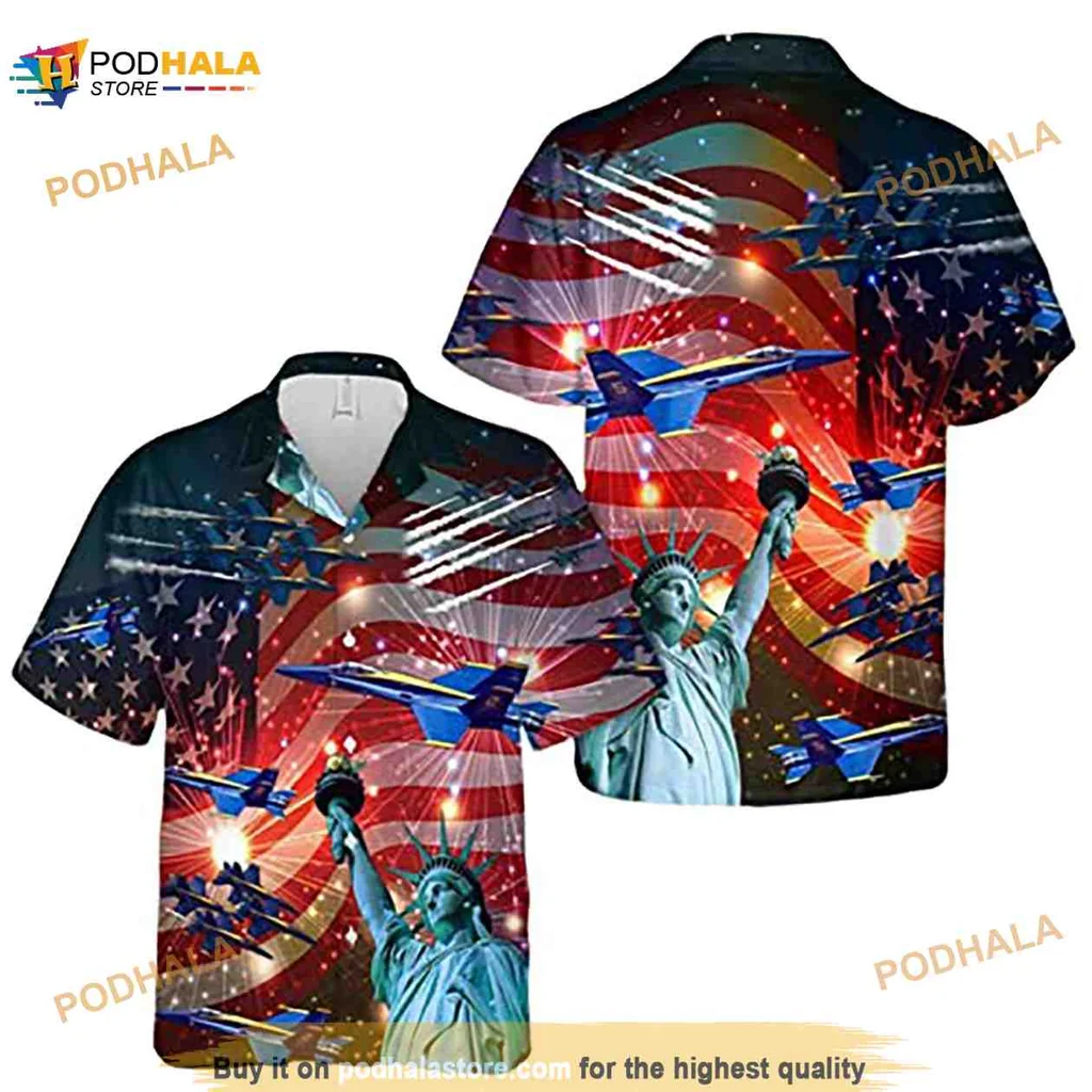 Statue Of Liberty Blue Angels Hawaiian Shirt For Independence Day