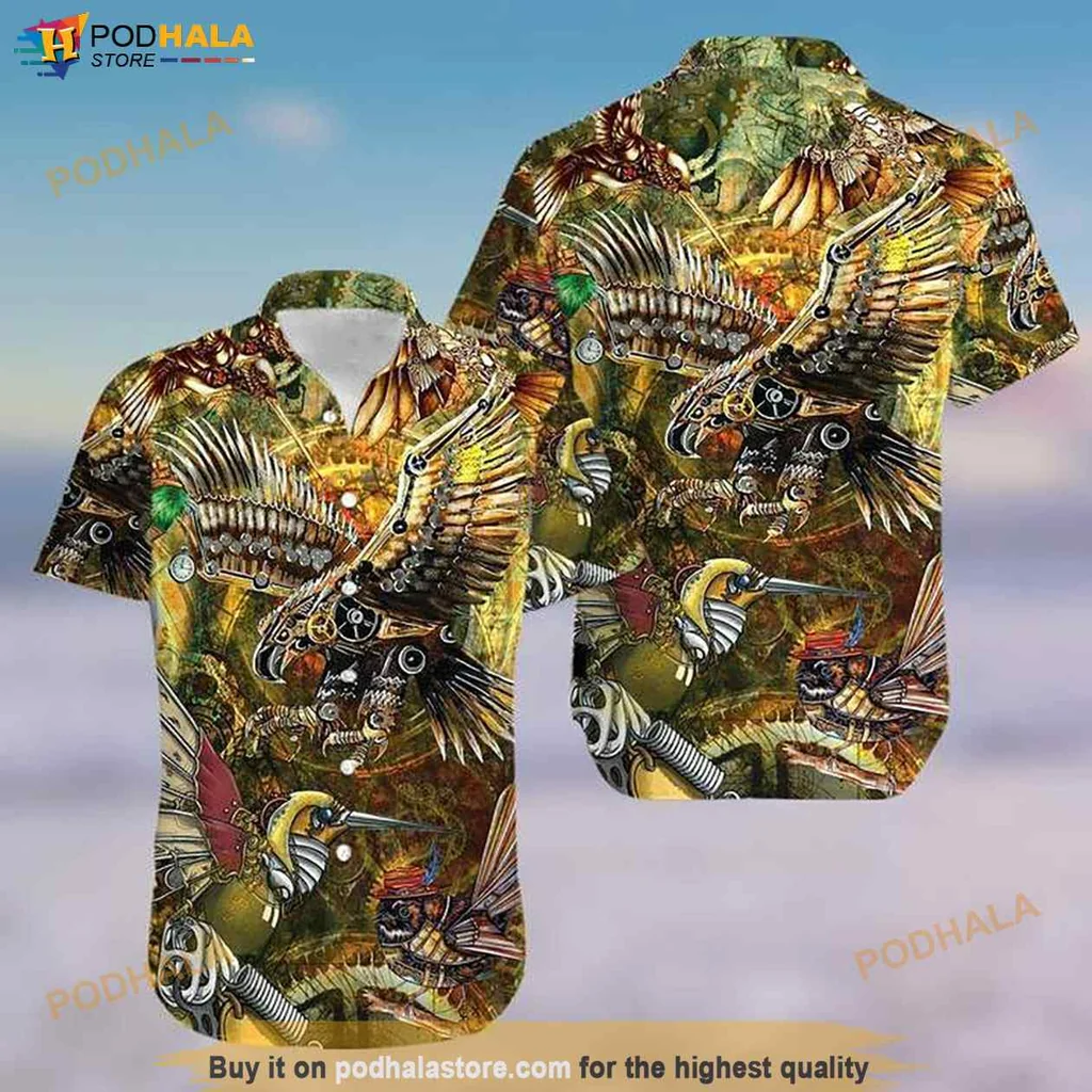 Steampunk Birds Aloha Shirt, Vibrant Whimsical Design For Adventurous Men