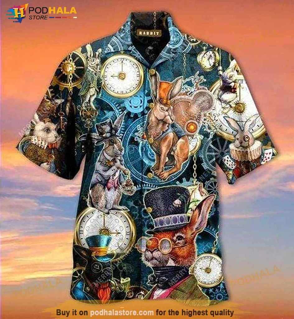 Steampunk Bunny Hawaiian Shirt With Victorian Rabbits And Clock Elements