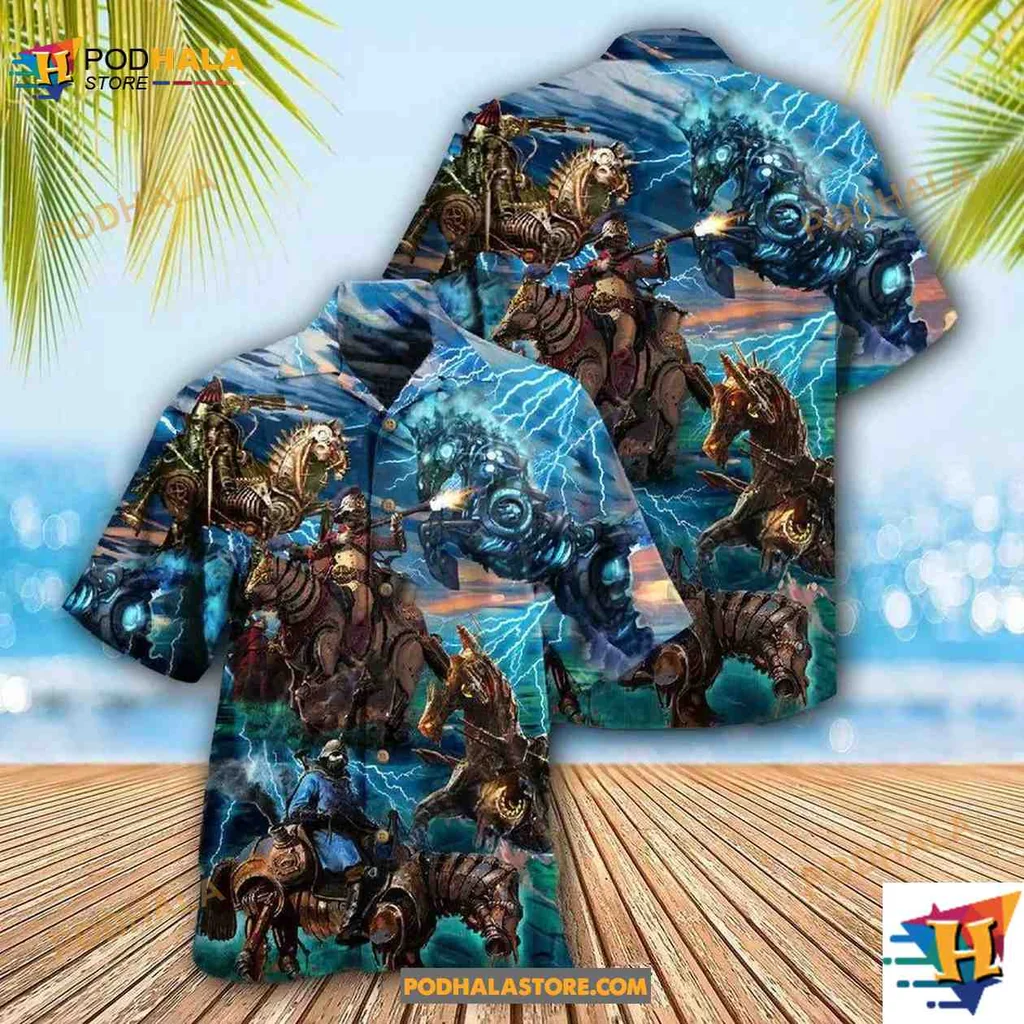 Steampunk Horse Lovers Hawaiian Shirt, Armored Riders In Dynamic Pose
