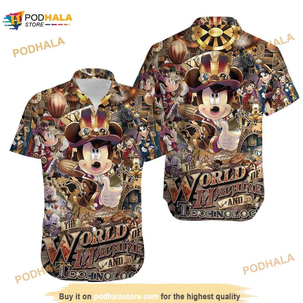 Steampunk Mouse Hawaiian Shirt With Whimsical Gears And Hot Air Balloons
