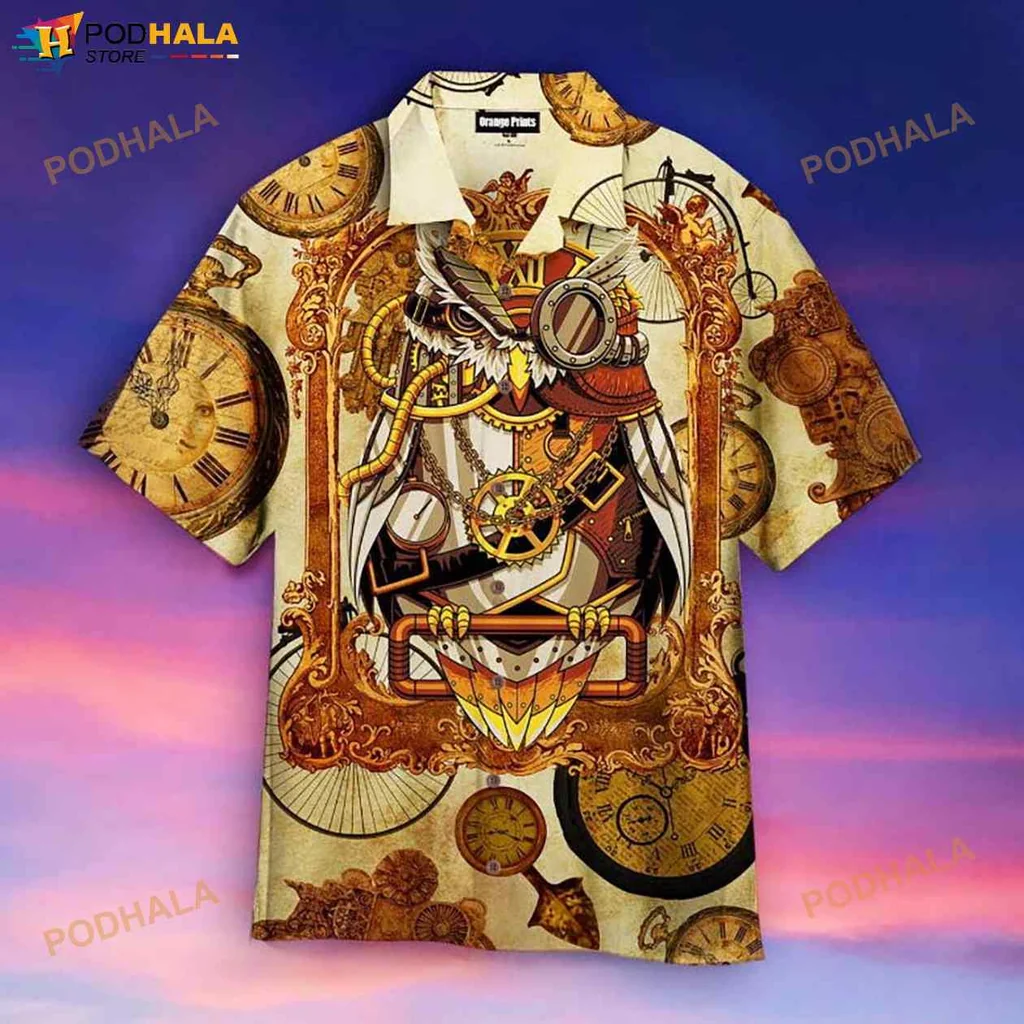 Steampunk Owl Hawaiian Shirt With Gears And Clock Faces