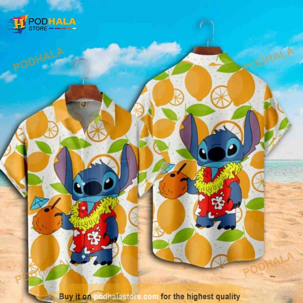 Stitch Aloha Shirt, Vibrant Hawaiian Design With Lemons And Coconut