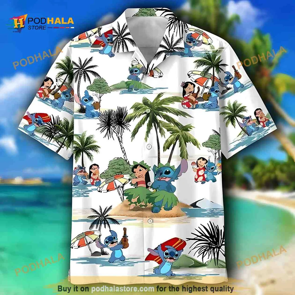 Stitch And Lilo Surfing Aloha Shirt, Tropical Beach Design For Disney Fans
