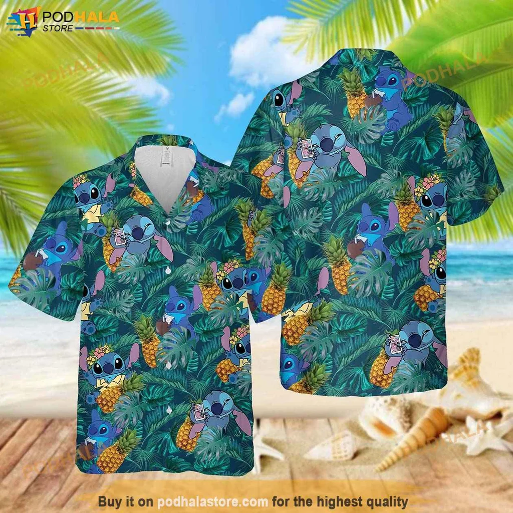 Stitch Character Aloha Shirt, Vibrant Tropical Stitch Design Summer Vacation Shirt