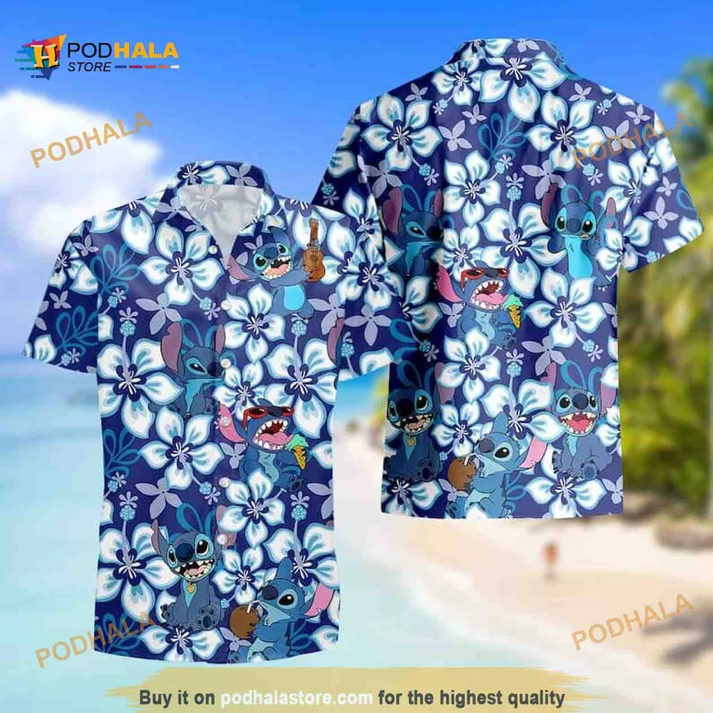 Stitch Disney Aloha Shirt, Playful Hawaiian Design With Tropical Flowers