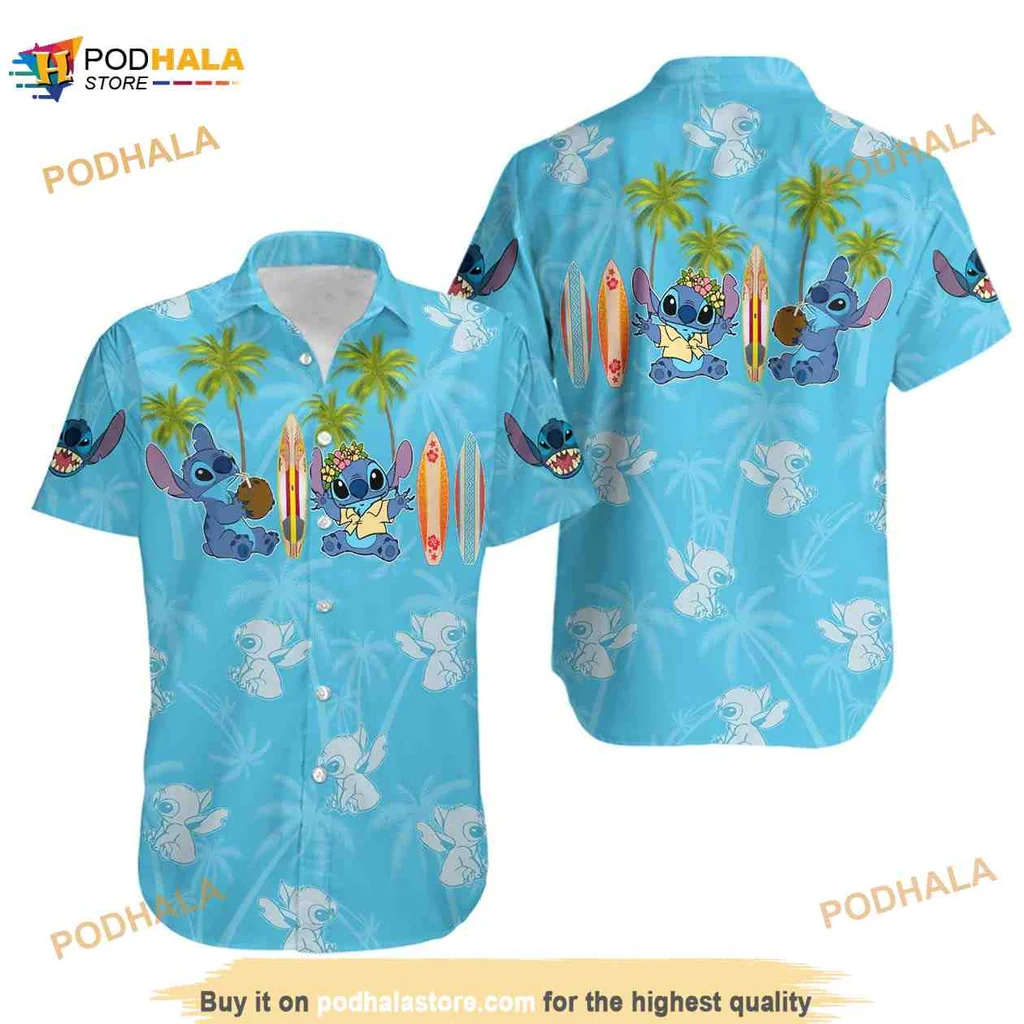 Stitch Disney Hawaiian Shirt With Tropical Surfboard Design