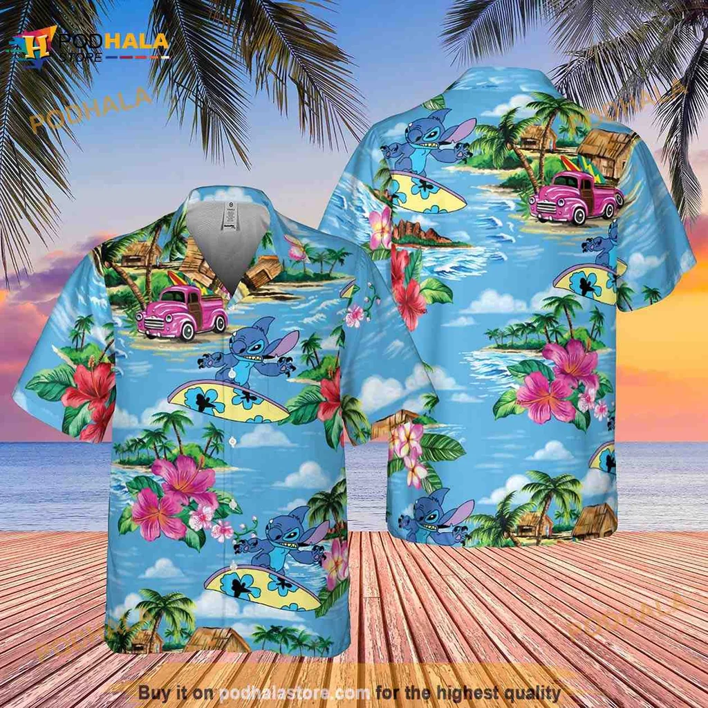 Stitch Surfing Tropical Hawaiian Shirt With Vintage Car And Hibiscus Flowers