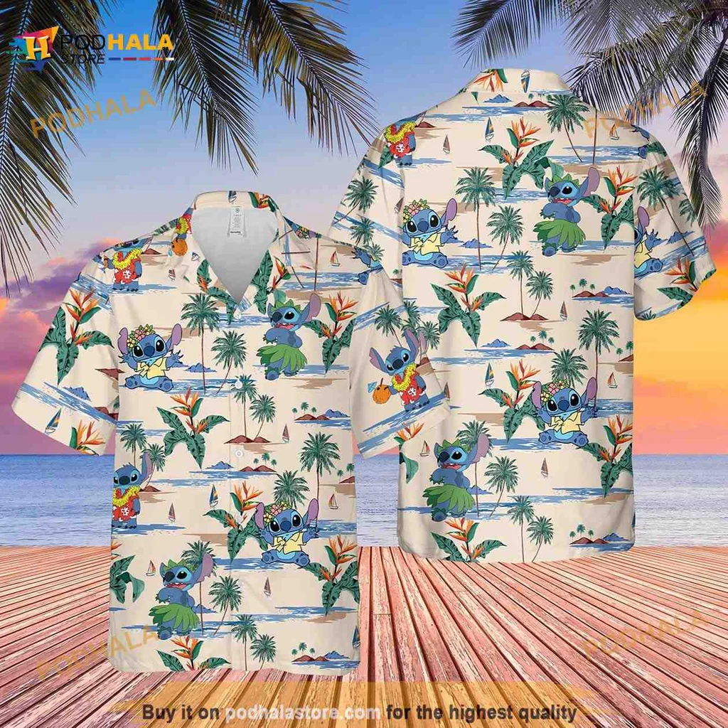 Stitch Tropical Aloha Hawaiian Shirt With Lush Palm Trees And Flowers