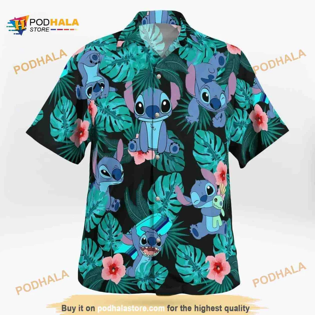 Stitch Tropical Aloha Shirt, Blue Alien Character With Hibiscus Flowers