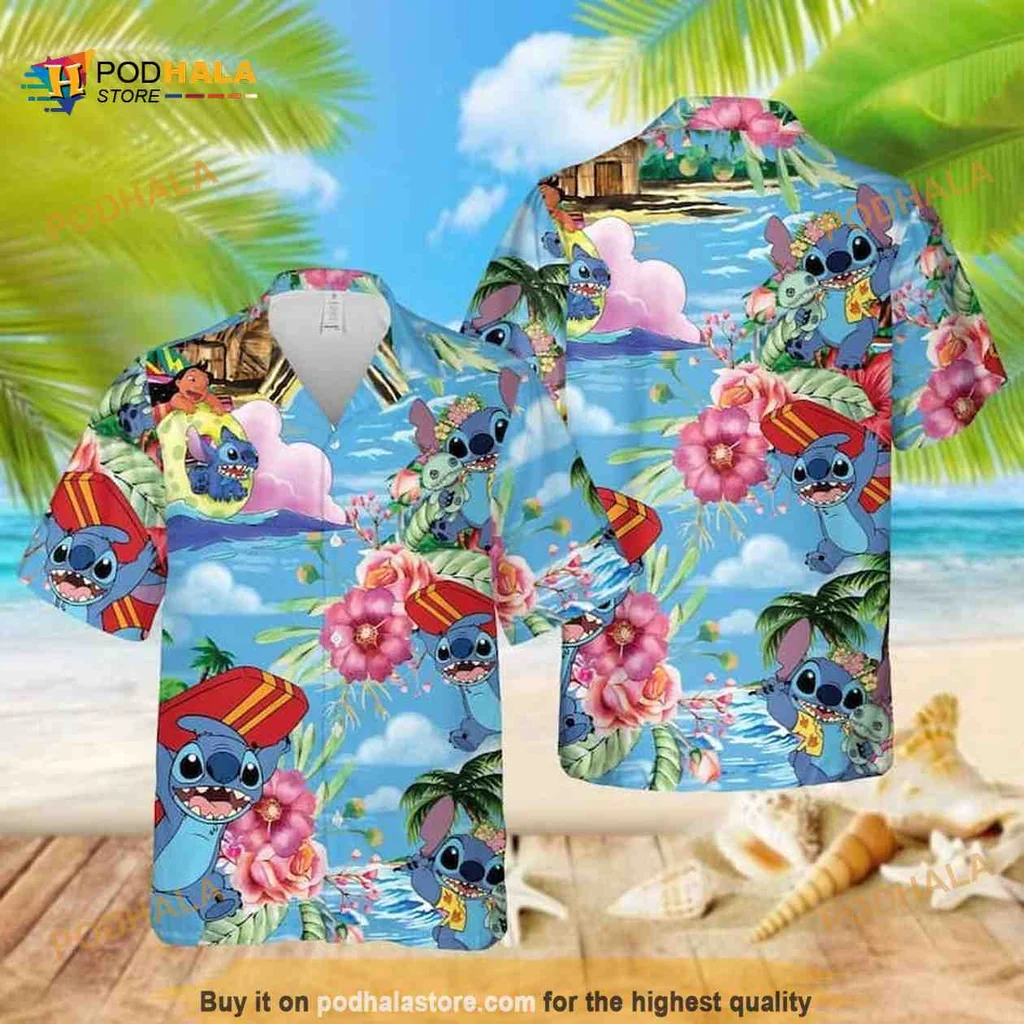 Stitch Tropical Aloha Shirt Featuring Hibiscus Flowers And Surfboard Hat