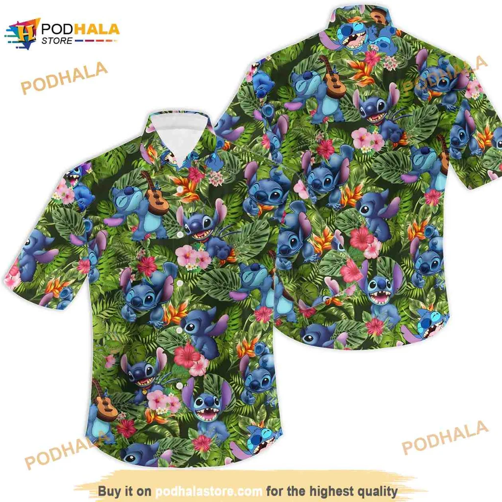 Stitch Tropical Aloha Shirt With Lush Leaves And Hibiscus Flowers