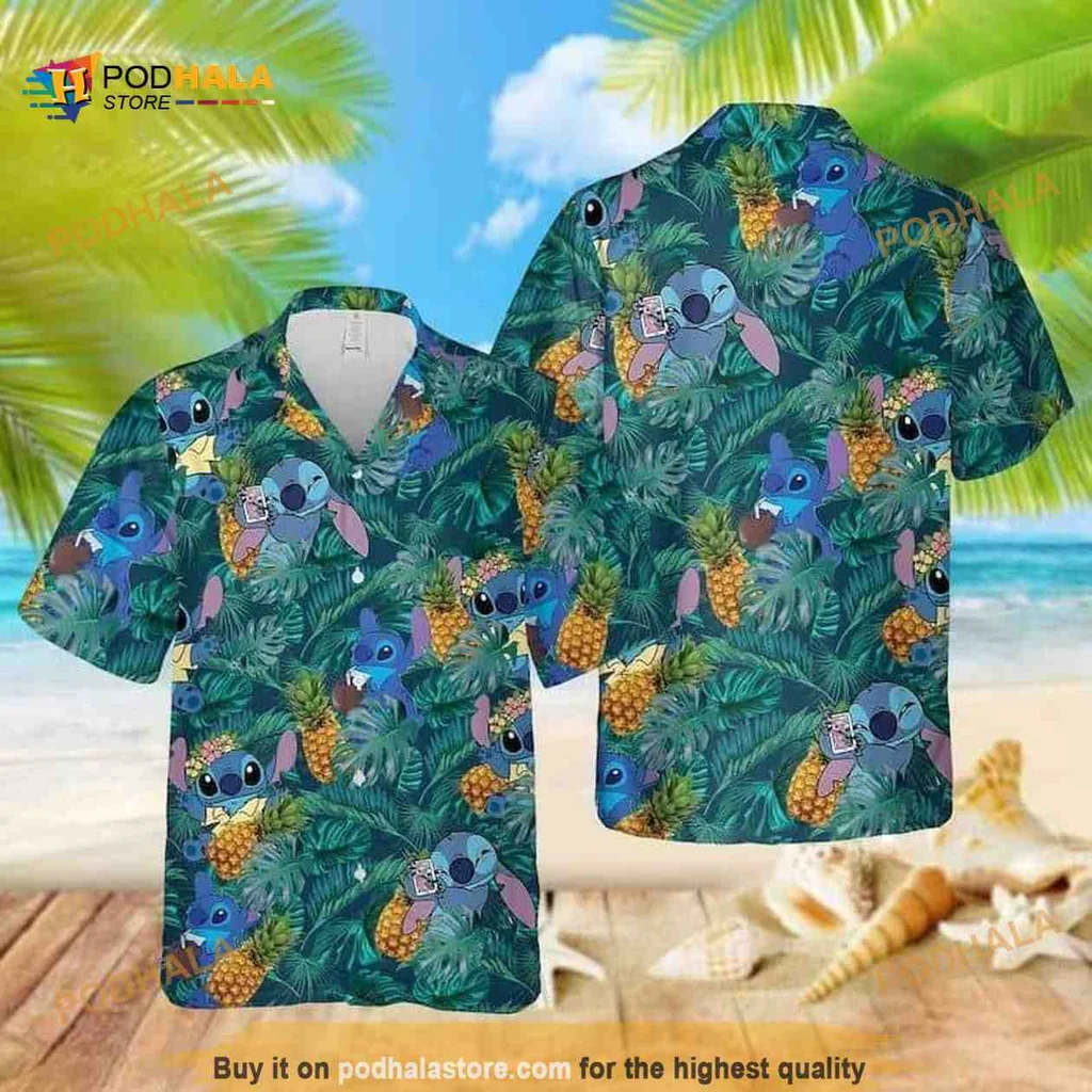 Stitch Tropical Aloha Shirt With Pineapples And Lush Green Foliage