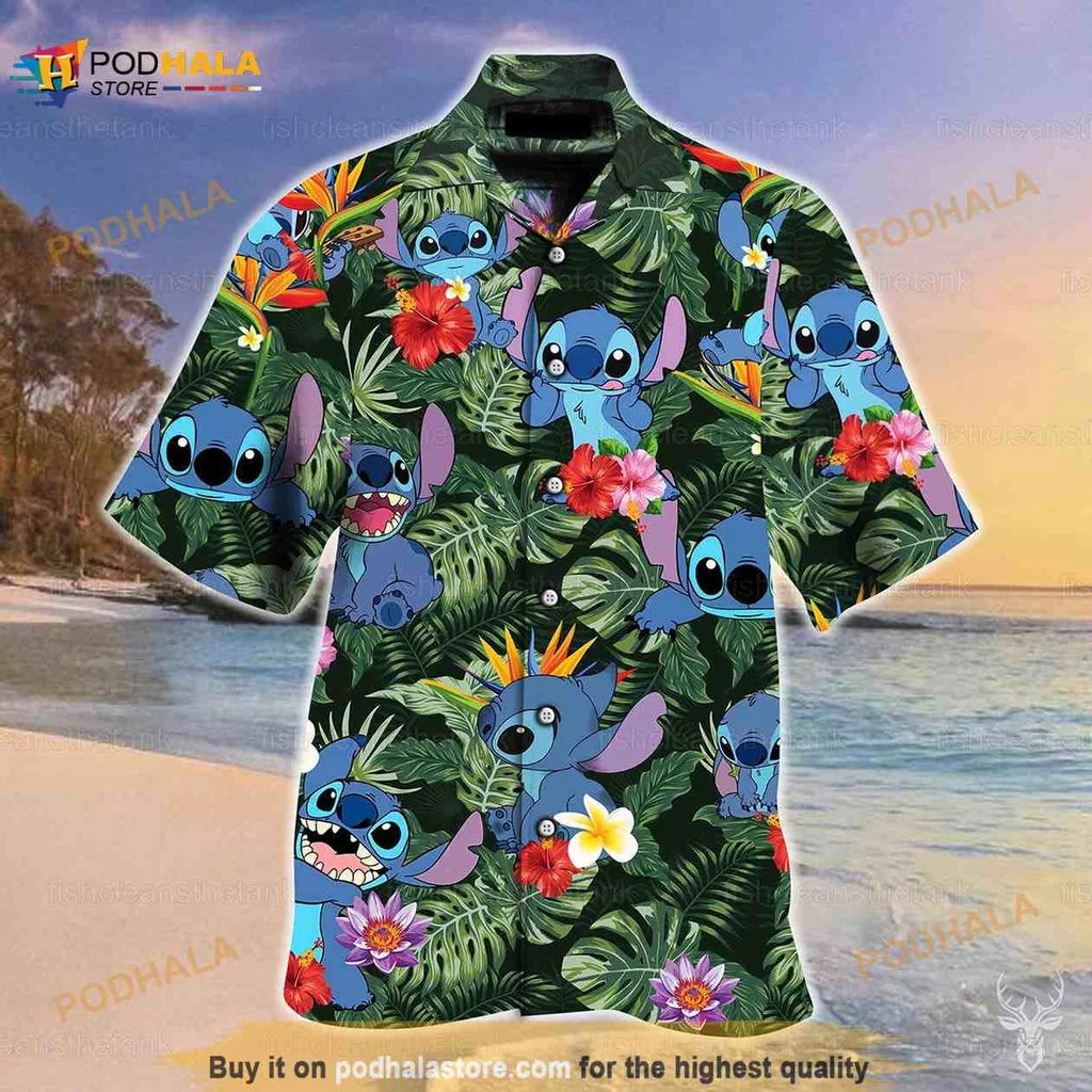 Stitch Tropical Beach Hawaiian Shirt Featuring Playful Cartoon Character