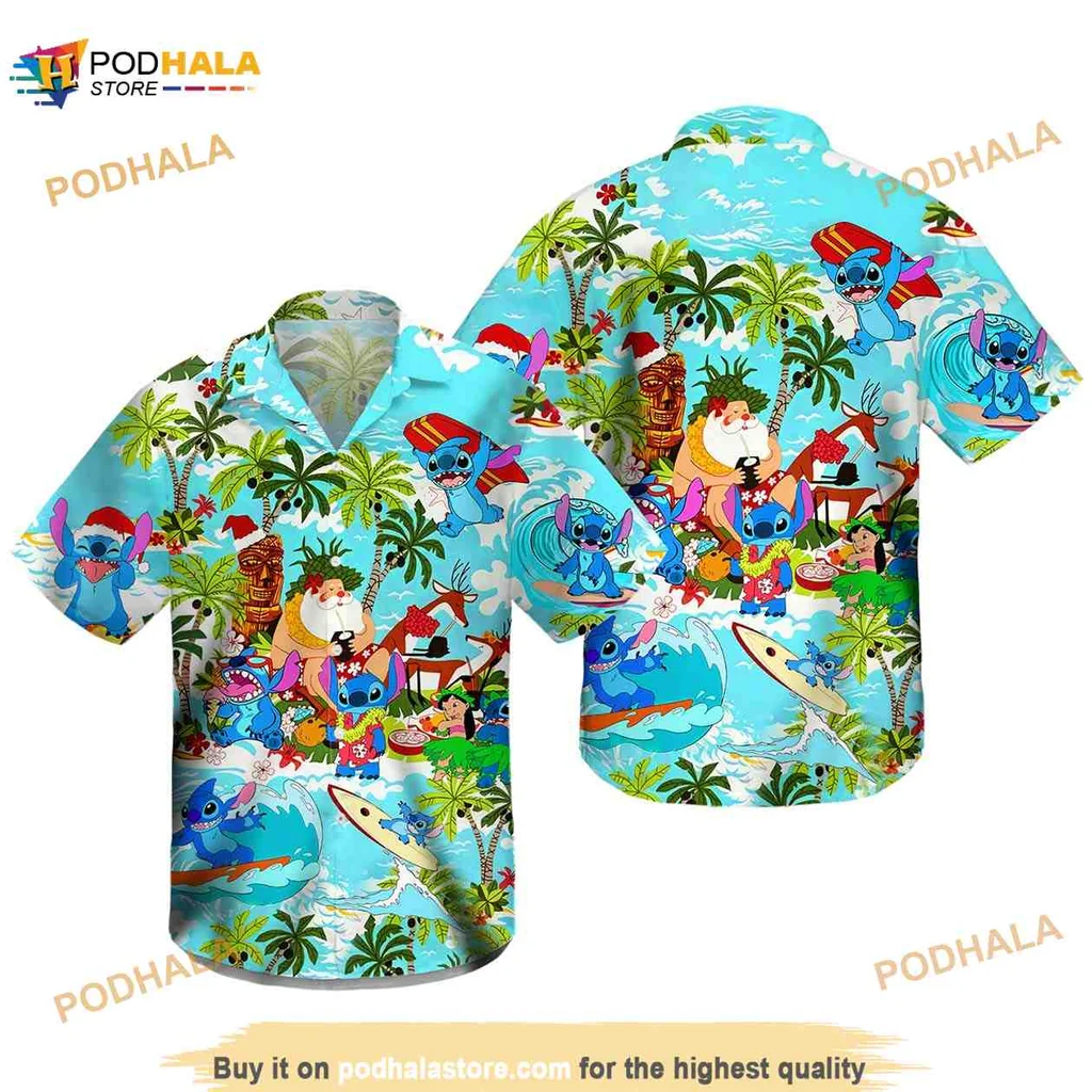 Stitch Tropical Beach Hawaiian Shirt With Colorful Surfboard Design