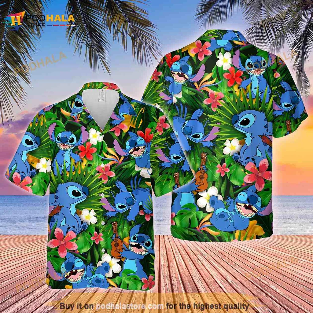 Stitch Tropical Beach Hawaiian Shirt With Guitar And Floral Design