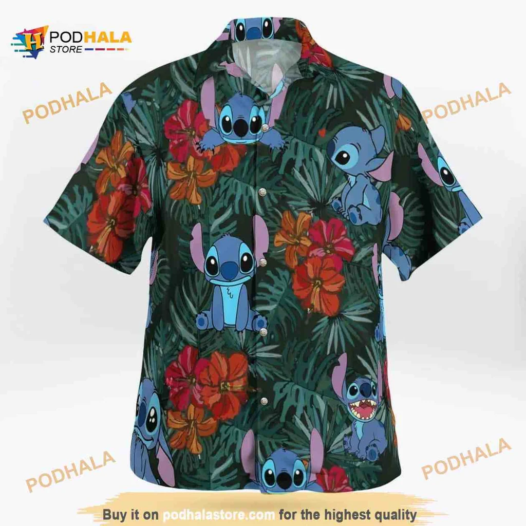 Stitch Tropical Hawaiian Shirt Featuring Playful Designs And Hibiscus Flowers