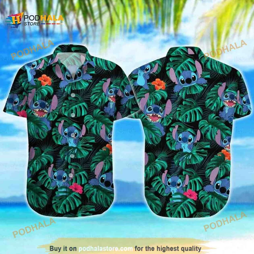 Stitch Tropical Palm Leaves Shirt, Fun Design For Beach Lovers