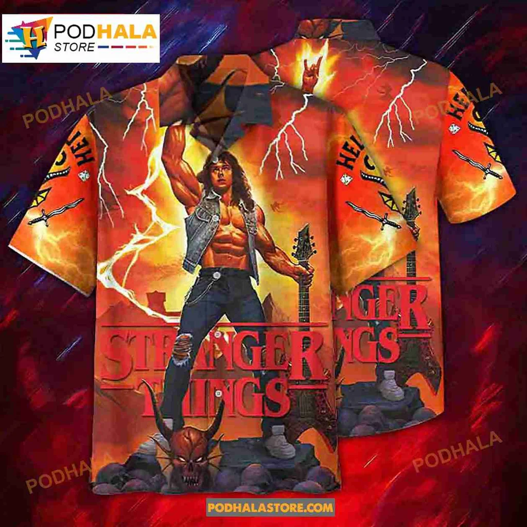 Stranger Things Heavy Metal Hawaiian Shirt With Guitar And Lightning Design
