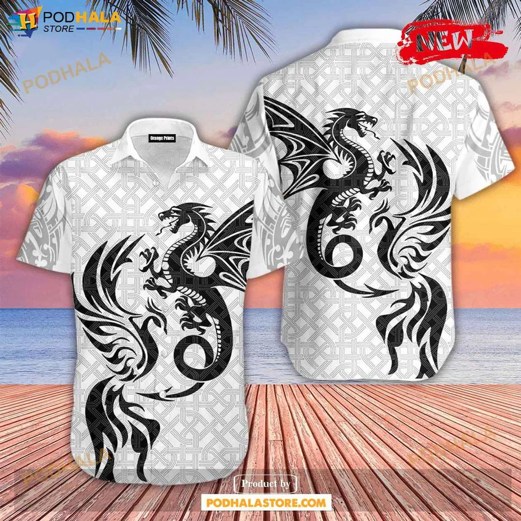 Stylish Dragon Aloha Shirt, Bold Black Dragon Graphic Summer Shirt For Men Women