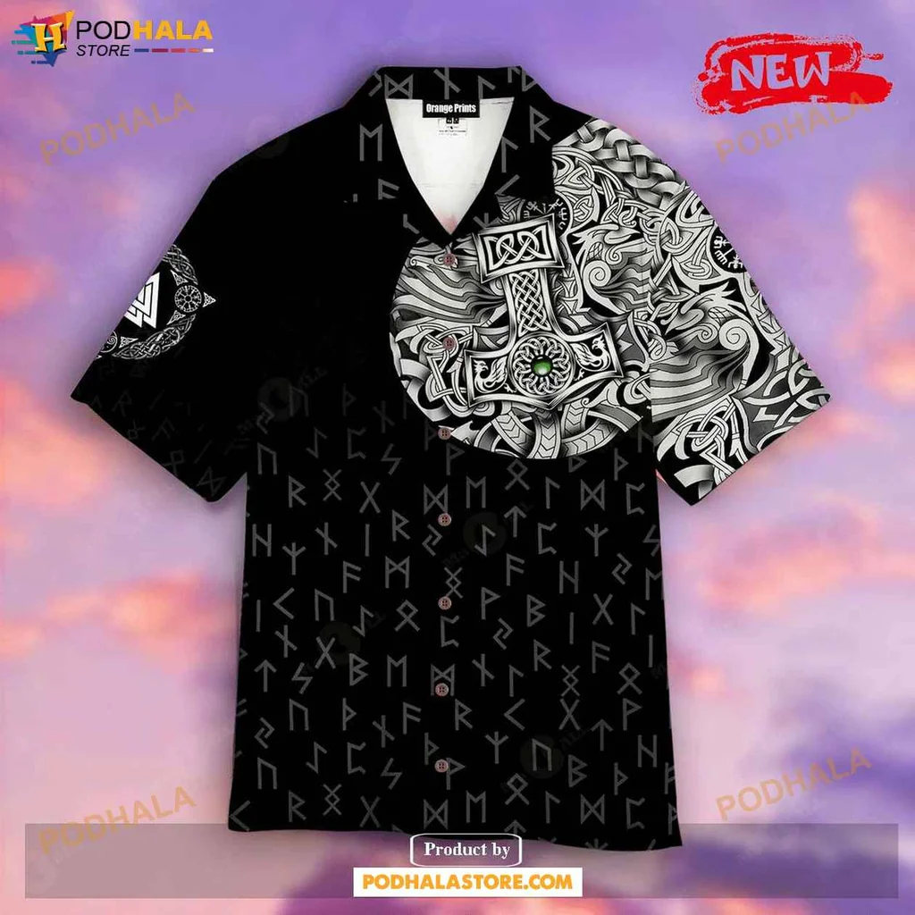 Stylish Viking Symbol Hawaiian Shirt, Norse Mythology Design With Intricate Patterns