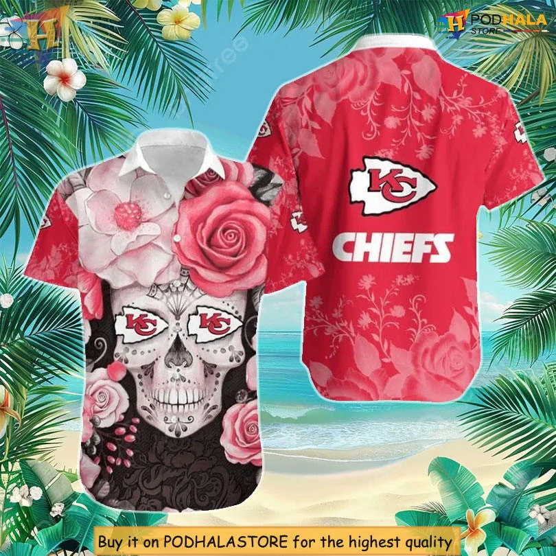 Sugar Skull Kansas City Chiefs Hawaiian Shirt With Floral Design