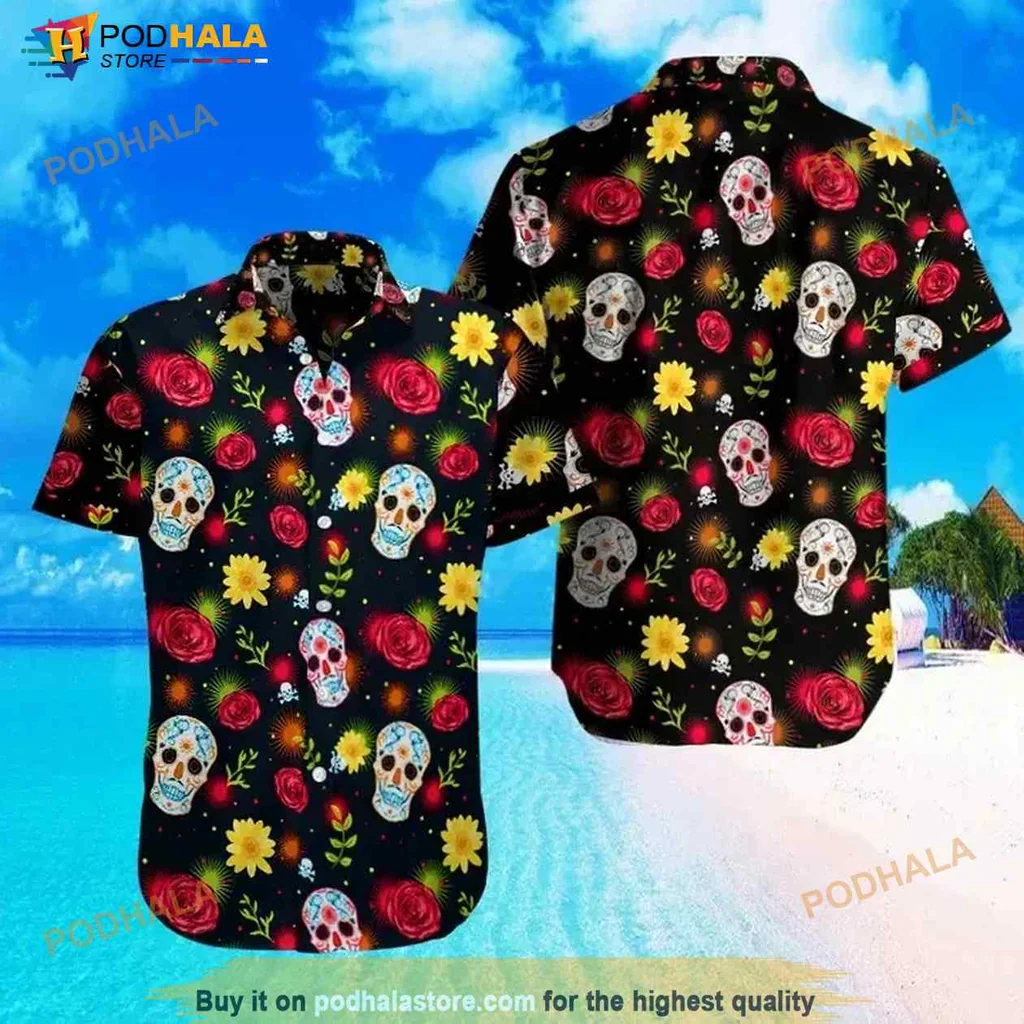 Sugar Skull Rose Hawaiian Shirt With Colorful Floral Design