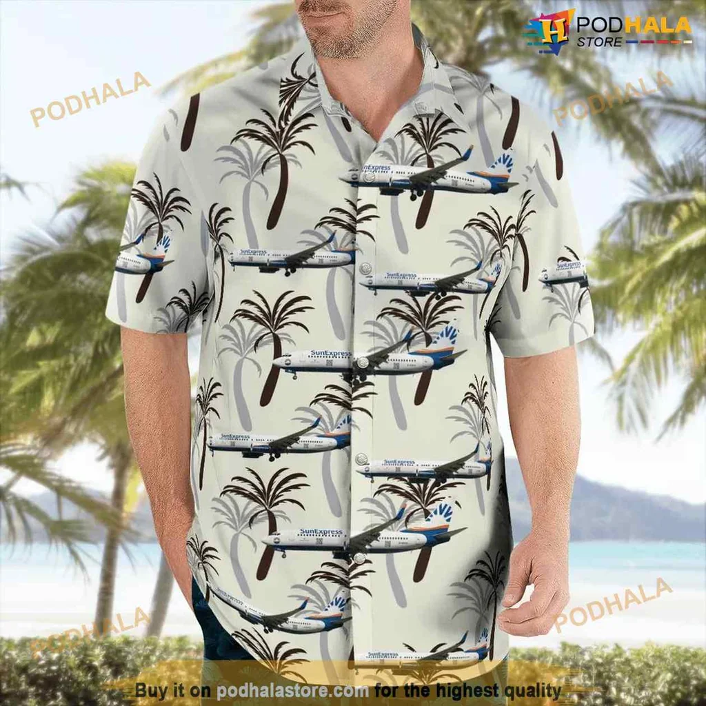 Sunexpress Aviation Hawaiian Shirt With Palm Trees And Boeing 737 800 Design