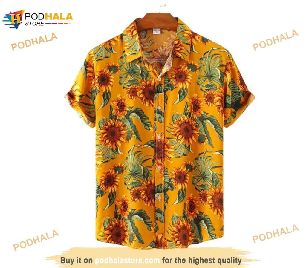Sunflower Print Hawaiian Shirt, Vibrant Tropical Casual Beach Shirt
