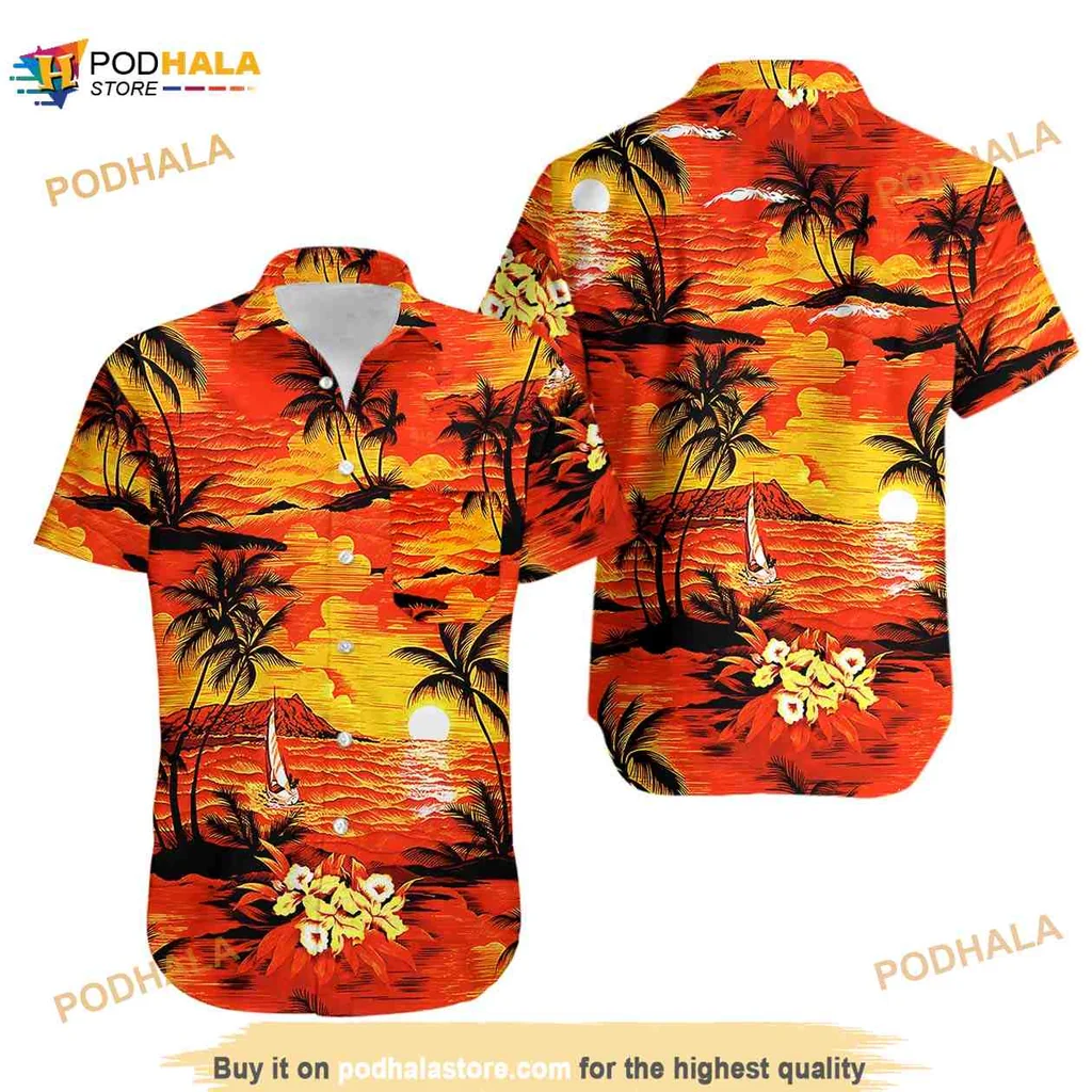 Sunset Palm Tree Hawaiian Shirt With Hibiscus Flowers