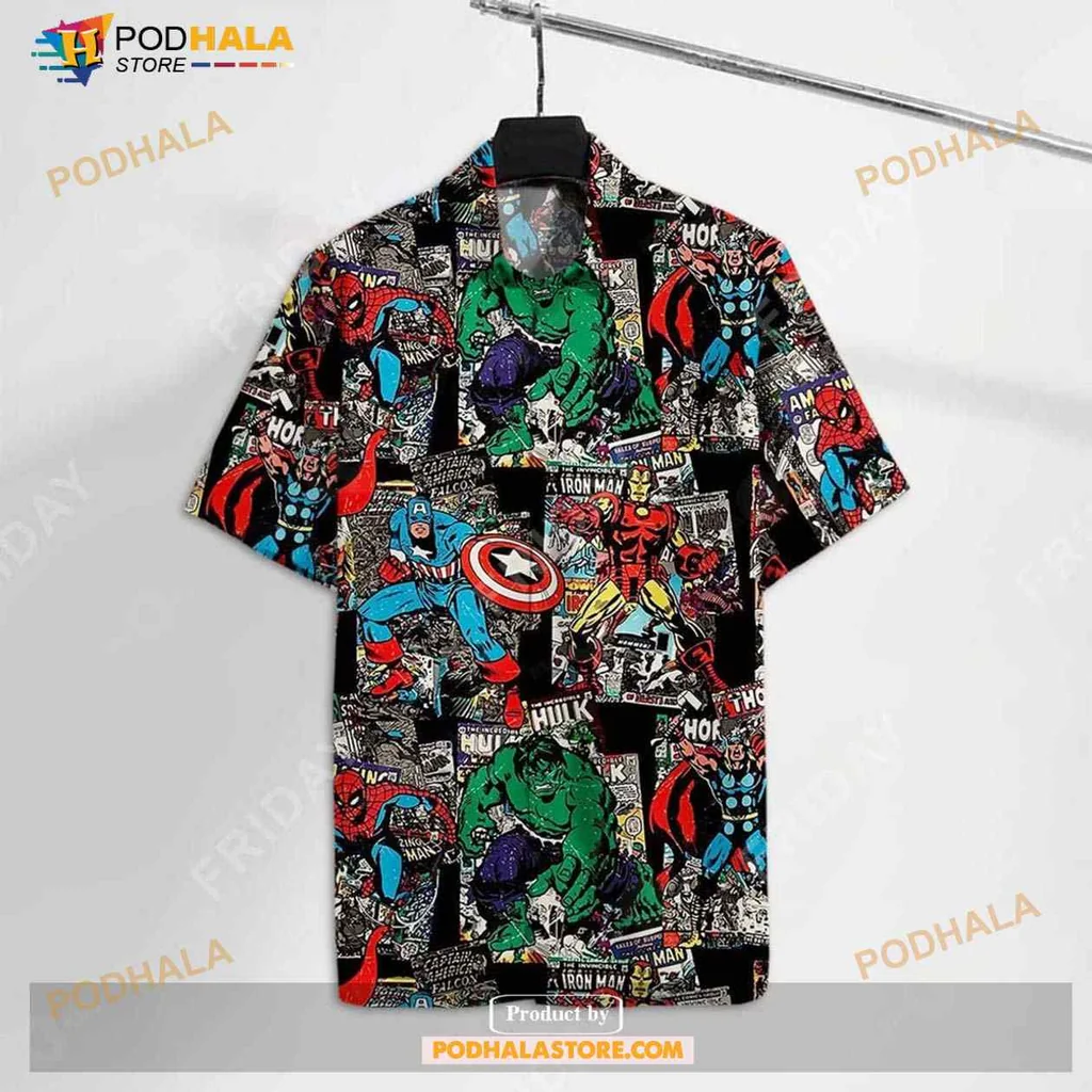 Superhero Comic Hawaiian Shirt Featuring Hulk, Iron Man, And Captain America