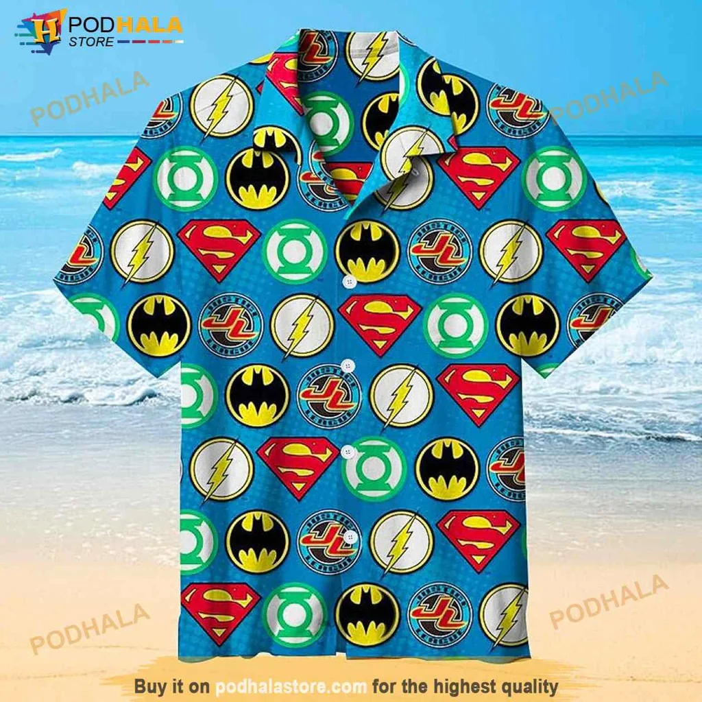 Superhero Logo Hawaiian Shirt Featuring Batman And Superman Logos