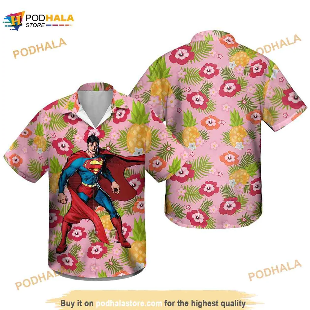 Superman Aloha Hawaiian Shirt Featuring Colorful Hibiscus Flowers