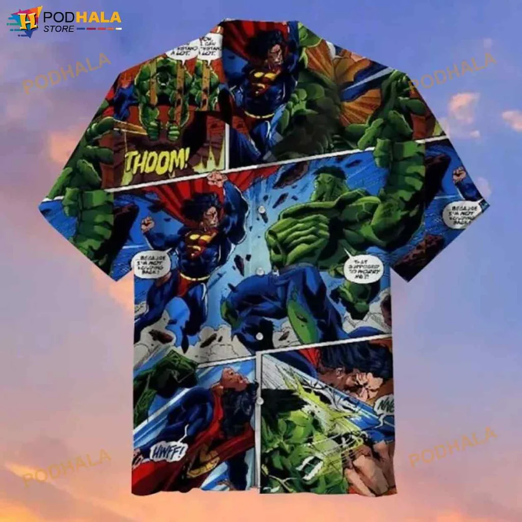 Superman Hulk Funny Hawaiian Shirt With Comic Book Battle Design
