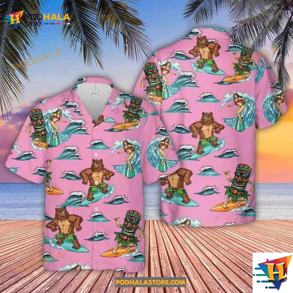 Surfing Bear Aloha Hawaiian Shirt With Vibrant Pink Background Surfing Bear Aloha Hawaiian Shirt With Vibrant Pink Background