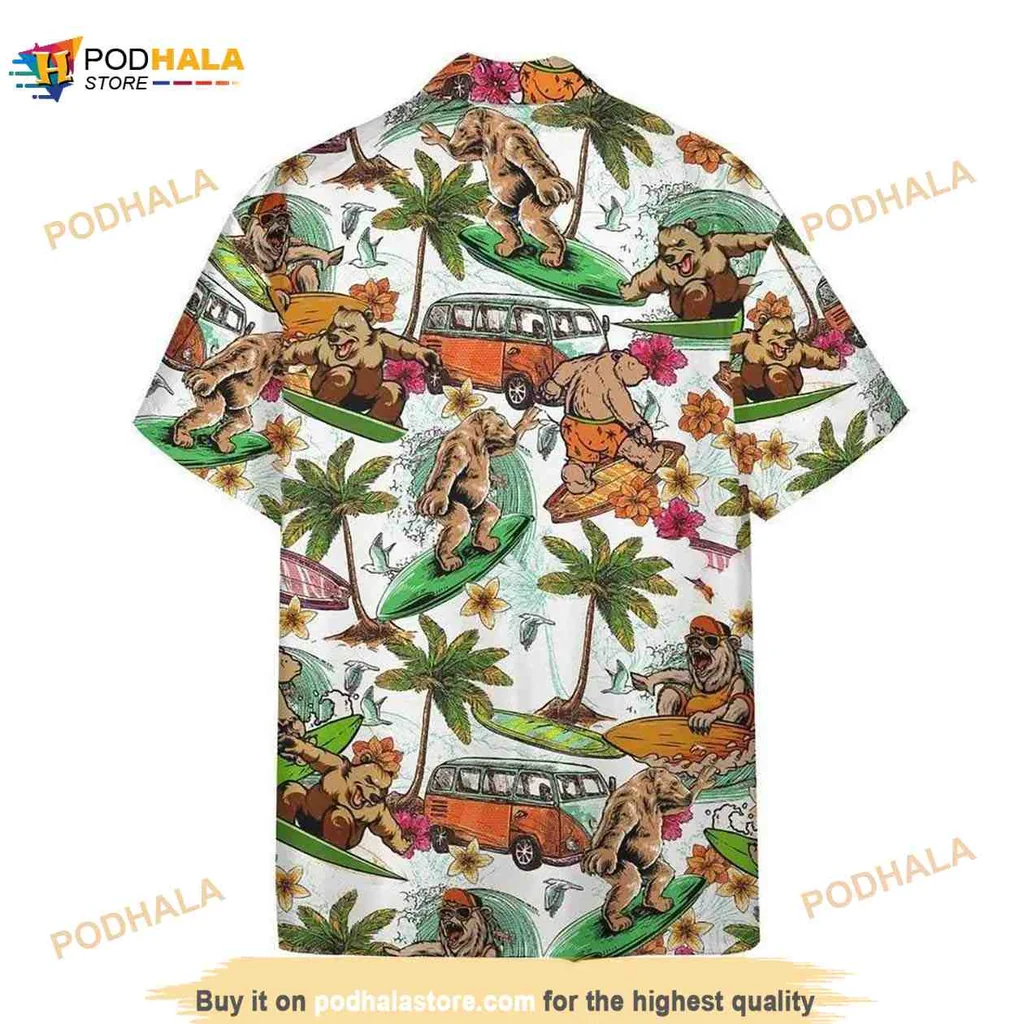 Surfing Bear Tropical Hawaiian Shirt With Vw Van And Palm Trees