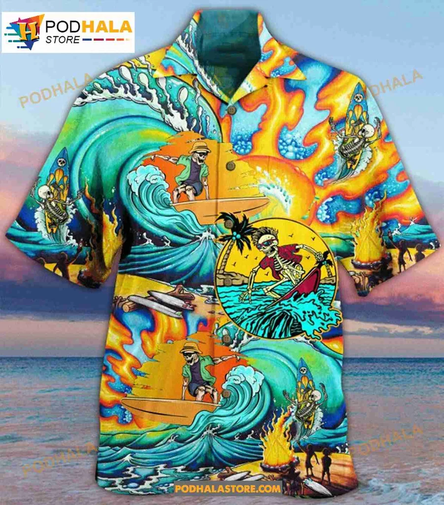Surfing Skull Hawaiian Shirt Featuring Vibrant Beach Scene And Waves