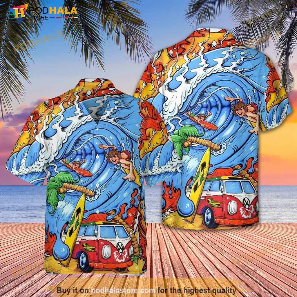 Surfing Tropical Hawaiian Shirt With Vintage Van And Surfers