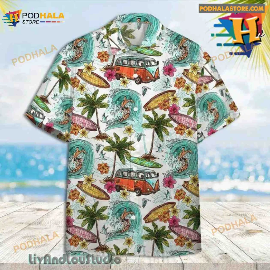 Surfing Vw Bus Tropical Hawaiian Shirt With Colorful Surfboards And Palm Trees
