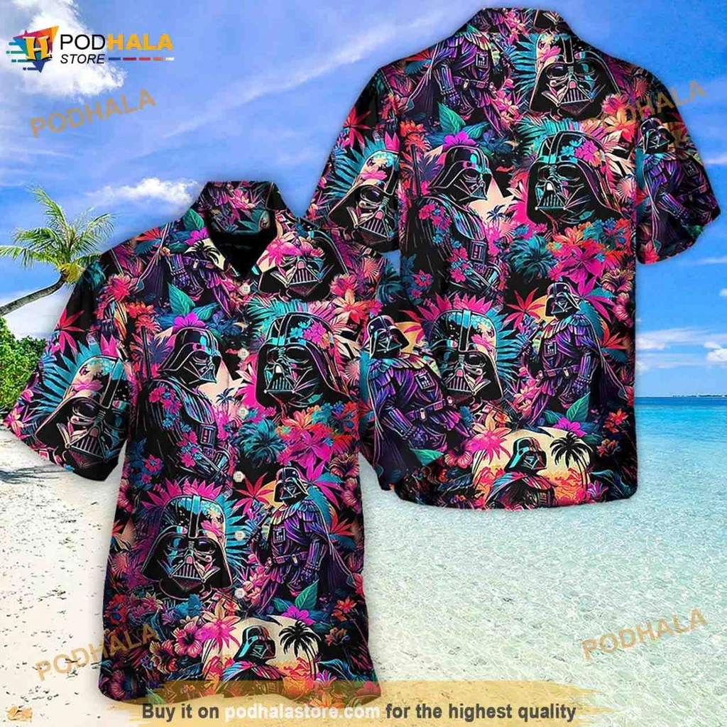 Synthwave Darth Vader Hawaiian Shirt With Tropical Design