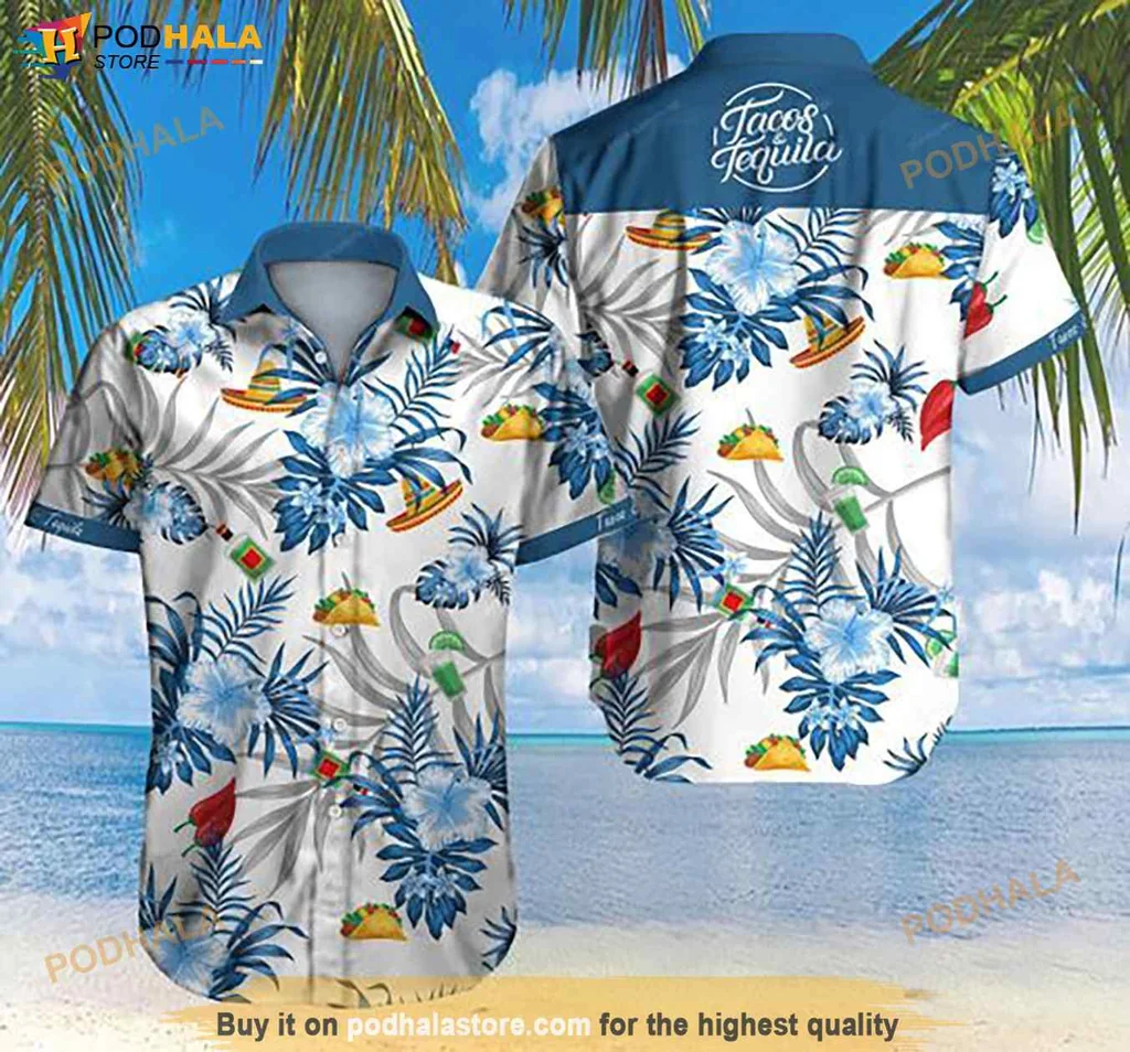Tacos Tropical Hawaiian Shirt, Vibrant Taco And Palm Leaf Button Up