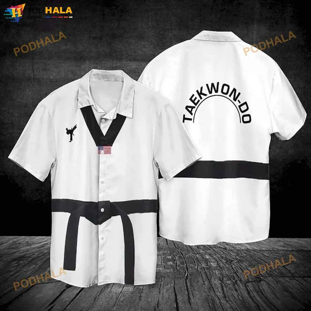 Taekwondo Independence Day Hawaiian Shirt With Black Belt And American Flag