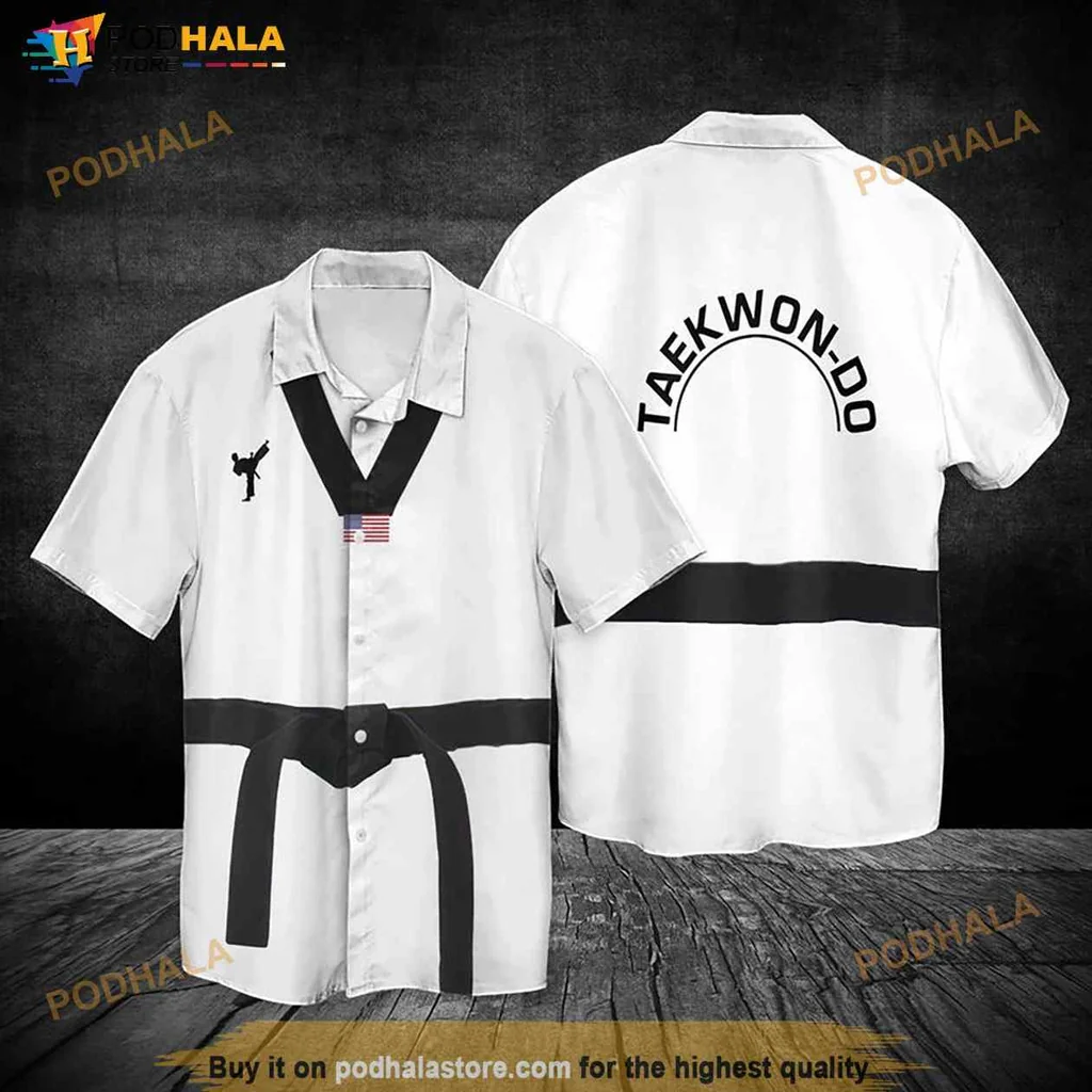 Taekwondo Patriotic Hawaiian Shirt With American Flag And Black Belt Design