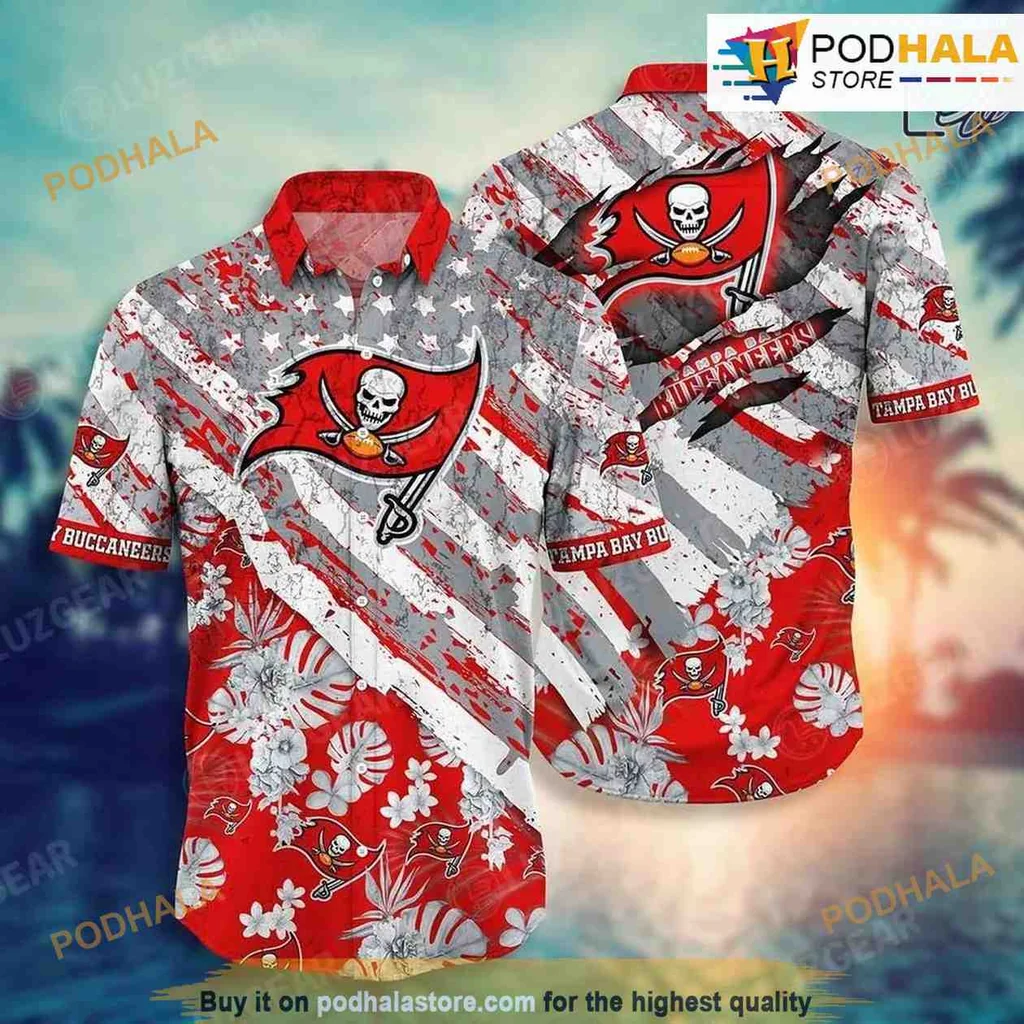 Tampa Bay Buccaneers Floral Hawaiian Shirt With American Flag Design