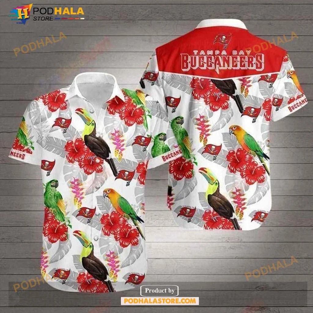 Tampa Bay Buccaneers Hawaiian Shirt Featuring Tropical Hibiscus And Toucans