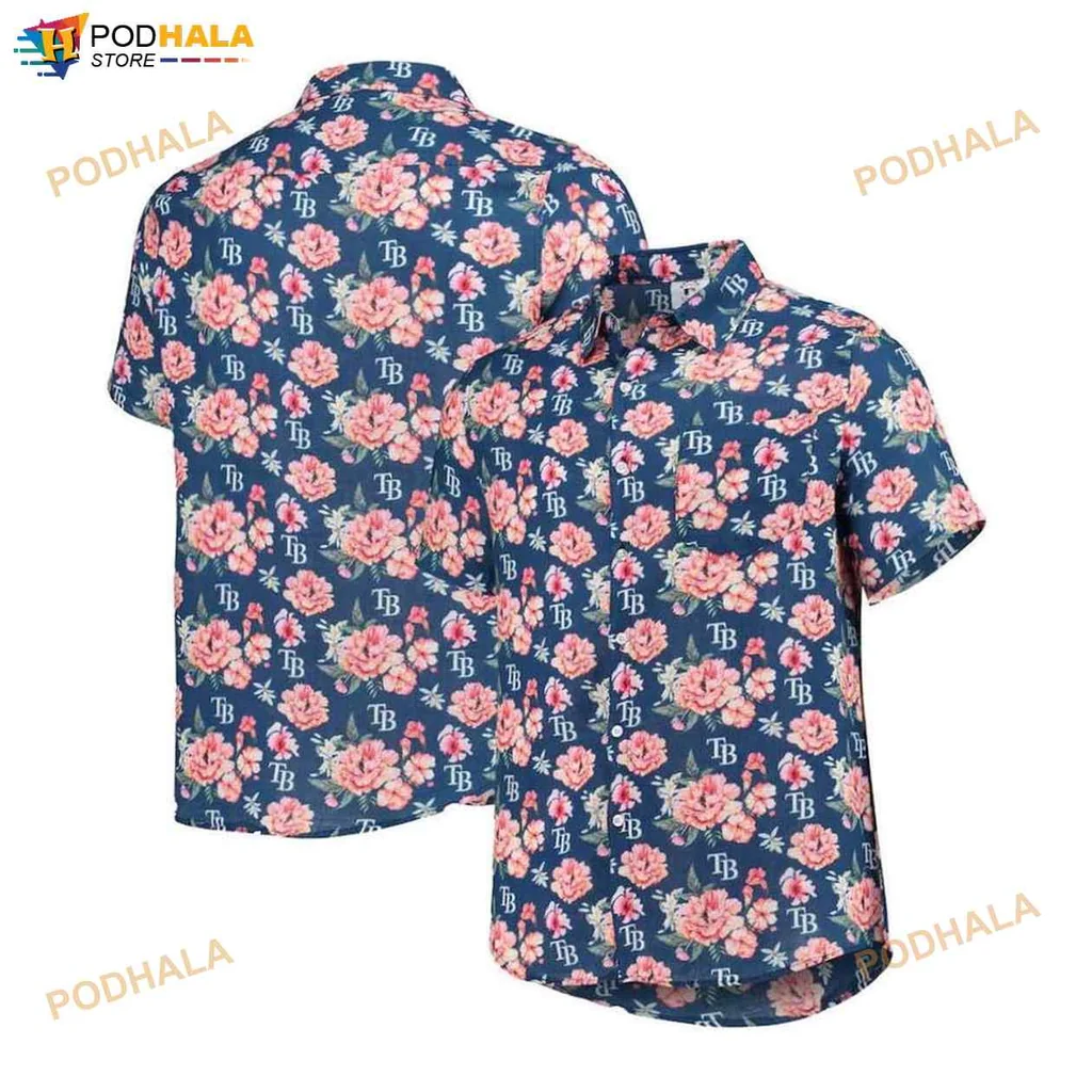 Tampa Bay Rays Floral Hawaiian Shirt With Navy Blue Background