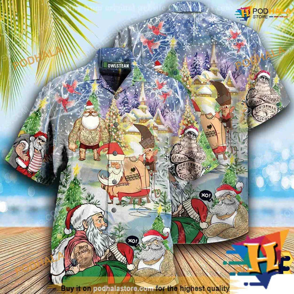 Tattooed Santa Hawaiian Shirt, Festive Holiday Aloha Shirt