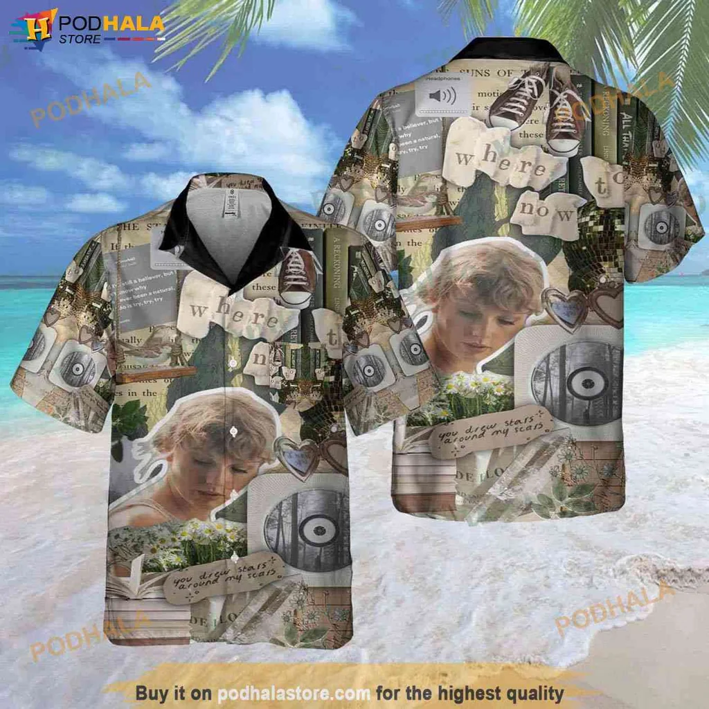 Taylor Swift Fan Hawaiian Shirt, Vintage Collage With Music Notes And Hearts