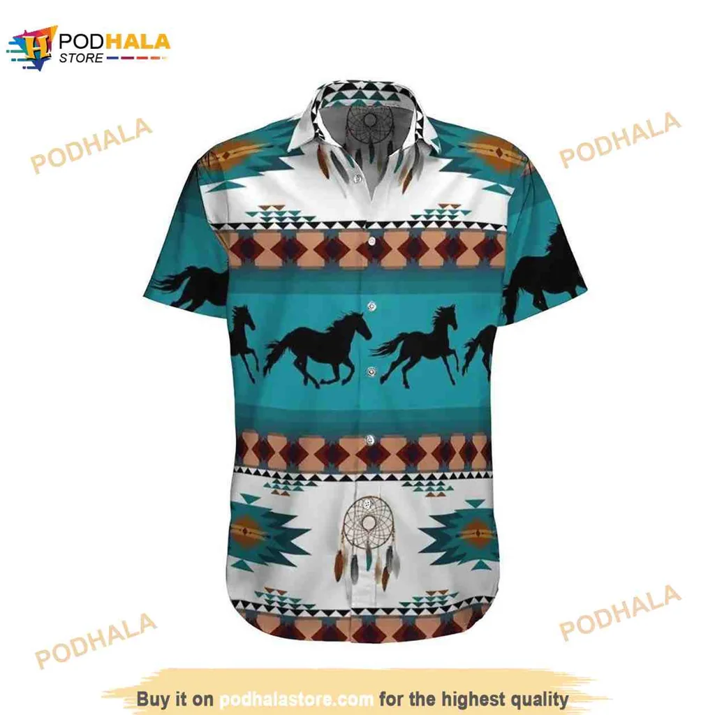Teal Horse Geometric Hawaiian Shirt With Dreamcatcher Motifs